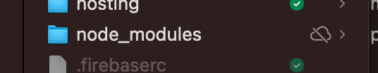 Screenshot of Finder showing the node_modules folder with a little cloud icon to its right. The cloud icon has a slash through it, indicating Dropbox isn't syncing the node_modules folder.