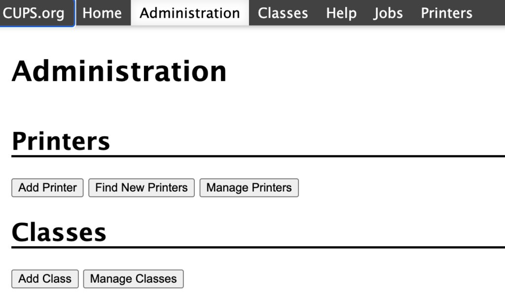 Screenshot of the CUPS administration interface with buttons for printer management.
