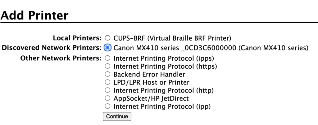 The "Add Printer" dialog in CUPS with the Canon MX410 selected.